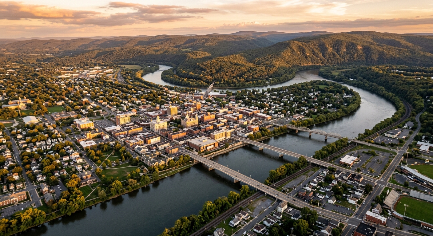 Aerial view of Williamsport Pennsylvania, Susquehanna River winding through the city, forested hills and mountains in the background, downtown buildings and bridges visible, golden hour lighting