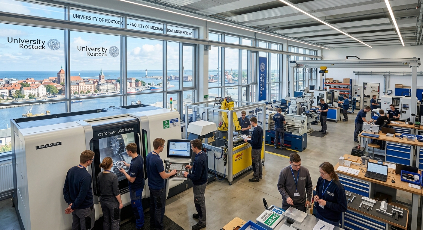 Modern mechanical engineering laboratory at the University of Rostock with students working on industrial machinery and CNC equipment, large windows overlooking the Baltic Sea coastal cityscape, bright workshop lighting