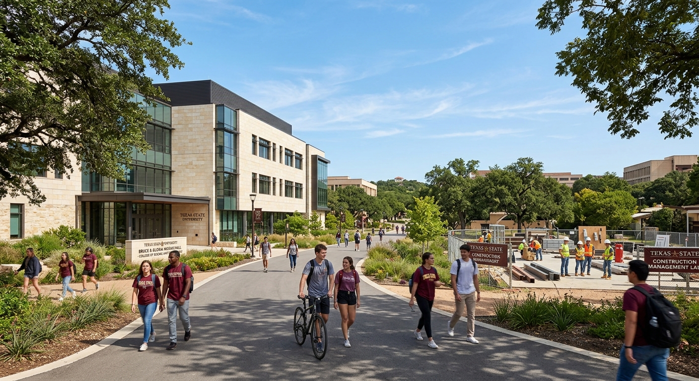 Texas State University campus in San Marcos Texas with modern engineering technology building, students walking along tree-lined pathways, clear blue sky, construction management laboratory visible in background