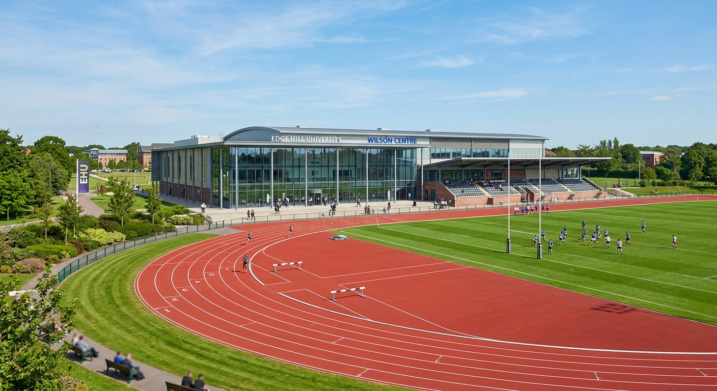 Edge Hill University Wilson Centre sports complex, modern building with glass frontage, athletics track and green playing fields in foreground, blue sky