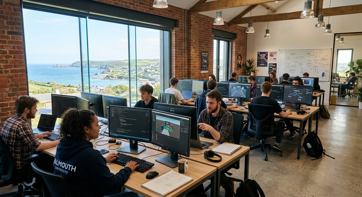 Falmouth University Penryn Campus games studio with students working at dual-monitor workstations, large screens displaying game AI visualizations and code, coastal Cornwall landscape visible through floor-to-ceiling windows, modern creative workspace with exposed brick and industrial lighting