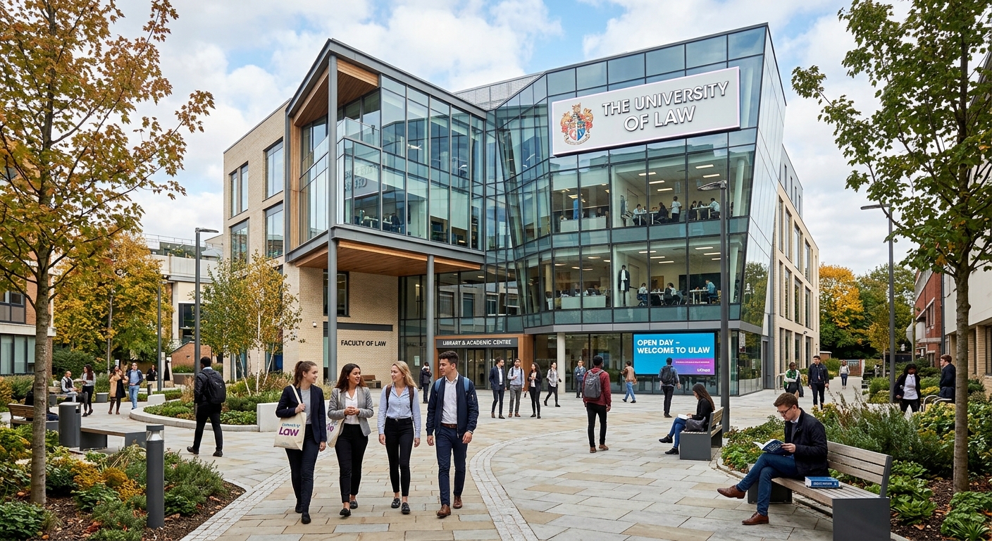 Modern University of Law campus building in the United Kingdom with glass facade, students walking through courtyard, professional legal education setting with contemporary architecture