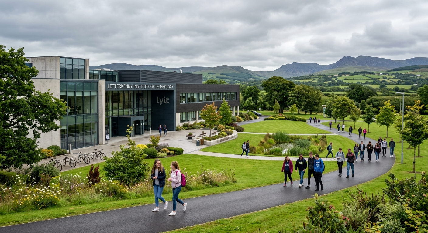 Modern campus building at Letterkenny Institute of Technology in County Donegal Ireland, with green landscaped grounds, students walking along pathways, overcast Irish sky, and rolling hills in the background