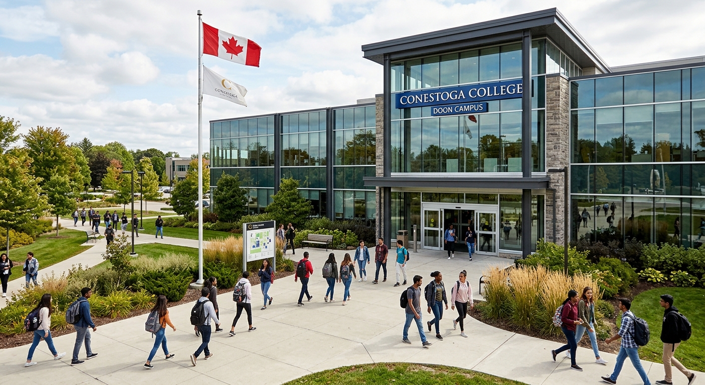 Conestoga College Doon Campus main building entrance with modern glass facade, students walking along paved pathways, green landscaping and Canadian flag