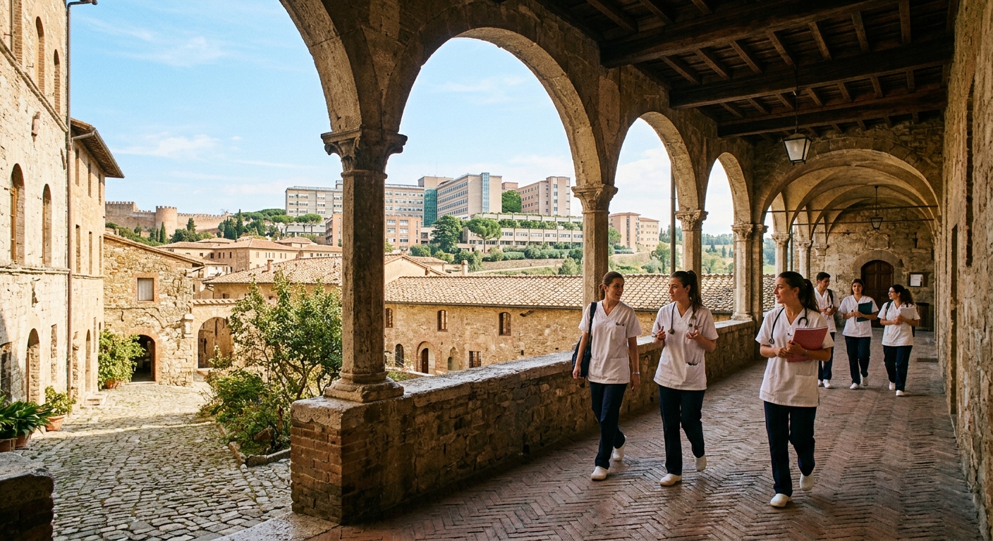 Historic University of Siena campus buildings in Tuscany with Policlinico Santa Maria alle Scotte hospital in the background, warm Italian sunlight, nursing students walking through medieval stone corridors