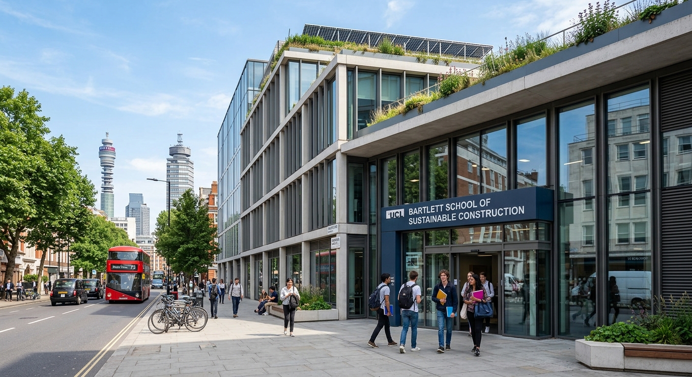UCL Bartlett School of Sustainable Construction building exterior on Torrington Place, London, with modern glass facade, students walking through the entrance, urban London skyline in the background, clear day with natural light