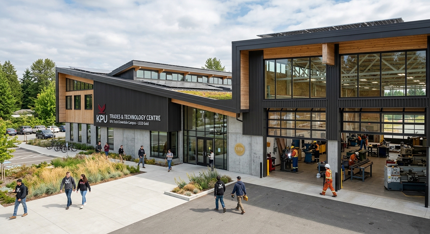 KPU Tech Cloverdale campus, LEED Gold certified modern industrial building, trades and technology workshops, clean contemporary design