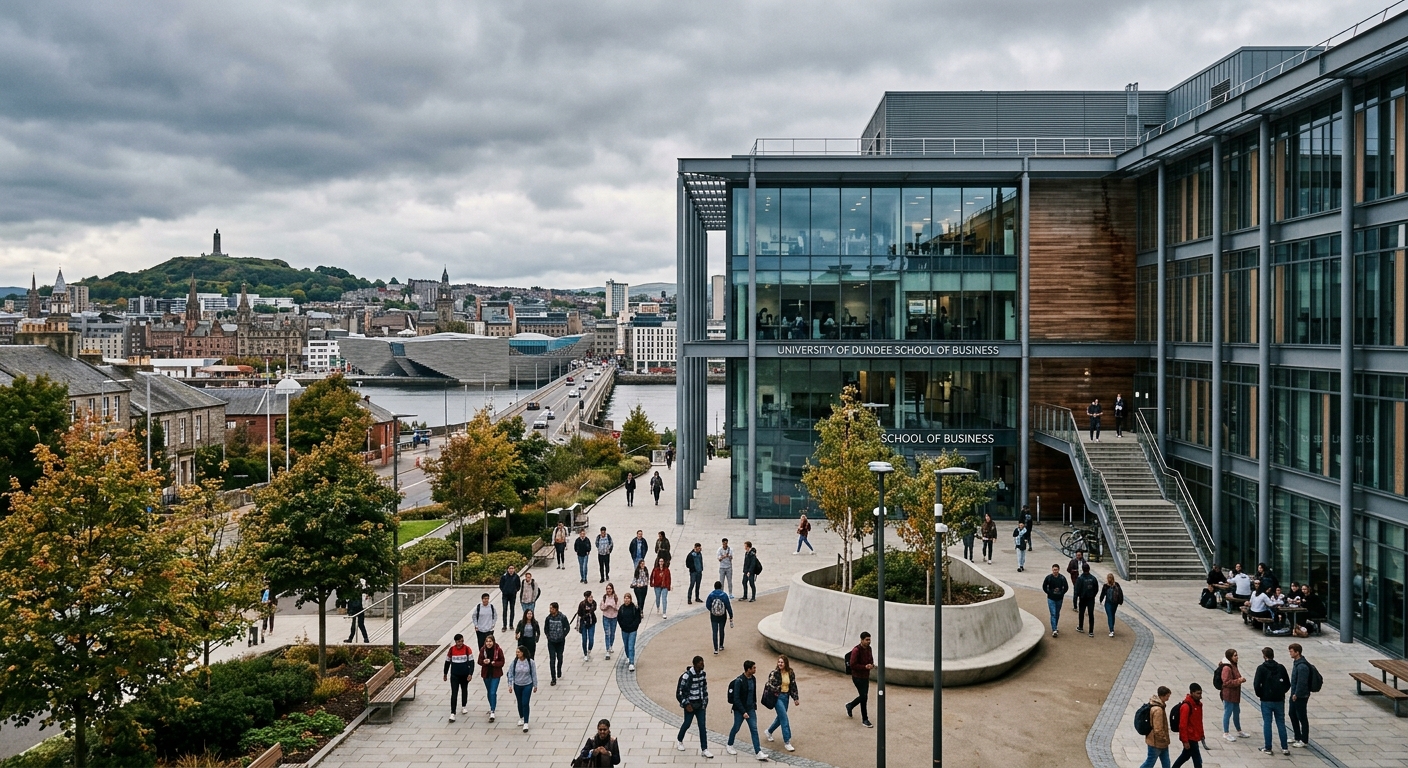 University of Dundee School of Business modern campus building with students walking through the courtyard, Scottish cityscape of Dundee in the background, overcast sky, contemporary architecture with glass facades