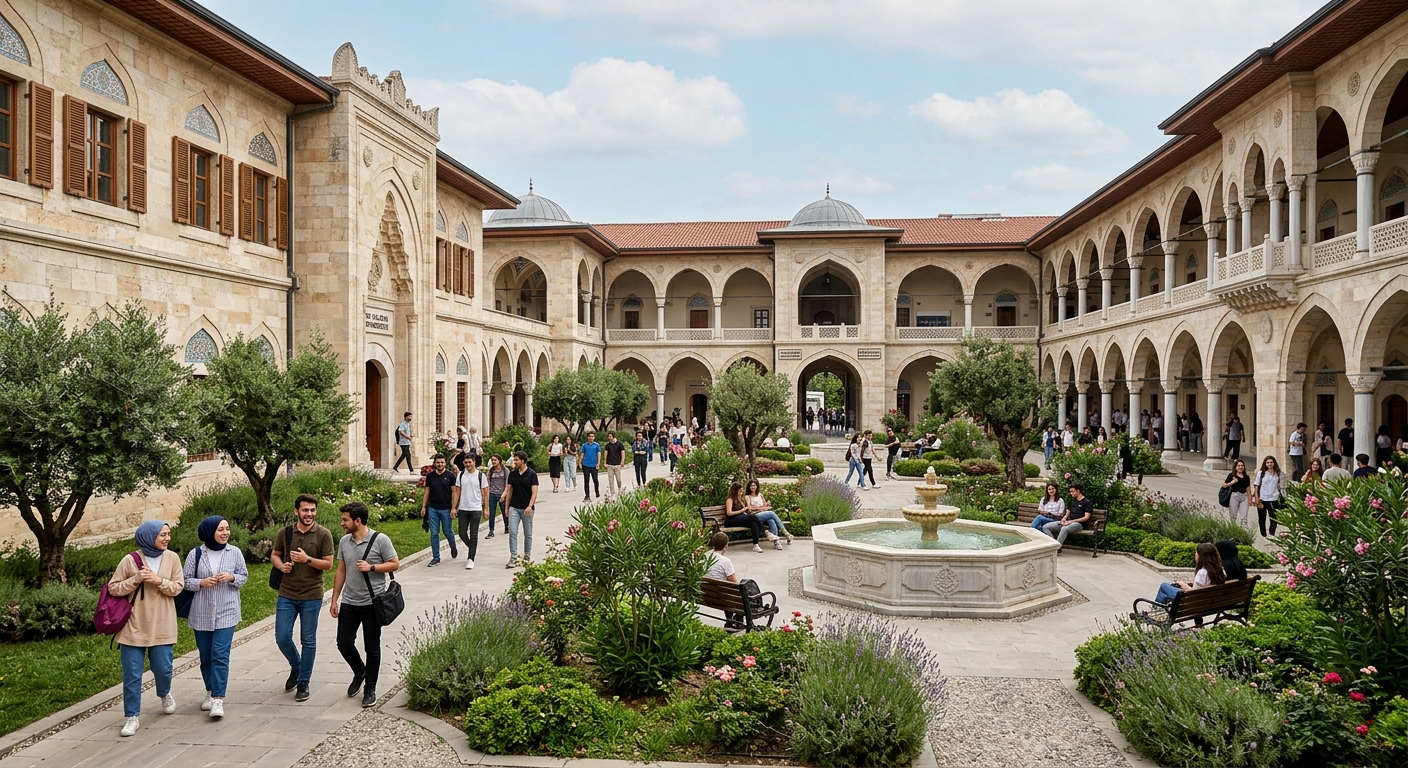 Ibn Haldun University Başakşehir main campus courtyard, Ottoman madrasah-style stone buildings with arched corridors, landscaped gardens, and students walking