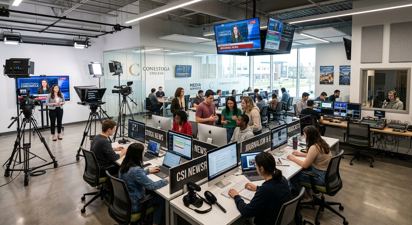 Modern college campus newsroom with students working at computer stations, digital screens displaying news content, professional video cameras and audio equipment visible, bright open-concept media lab at Conestoga College in Kitchener Ontario Canada