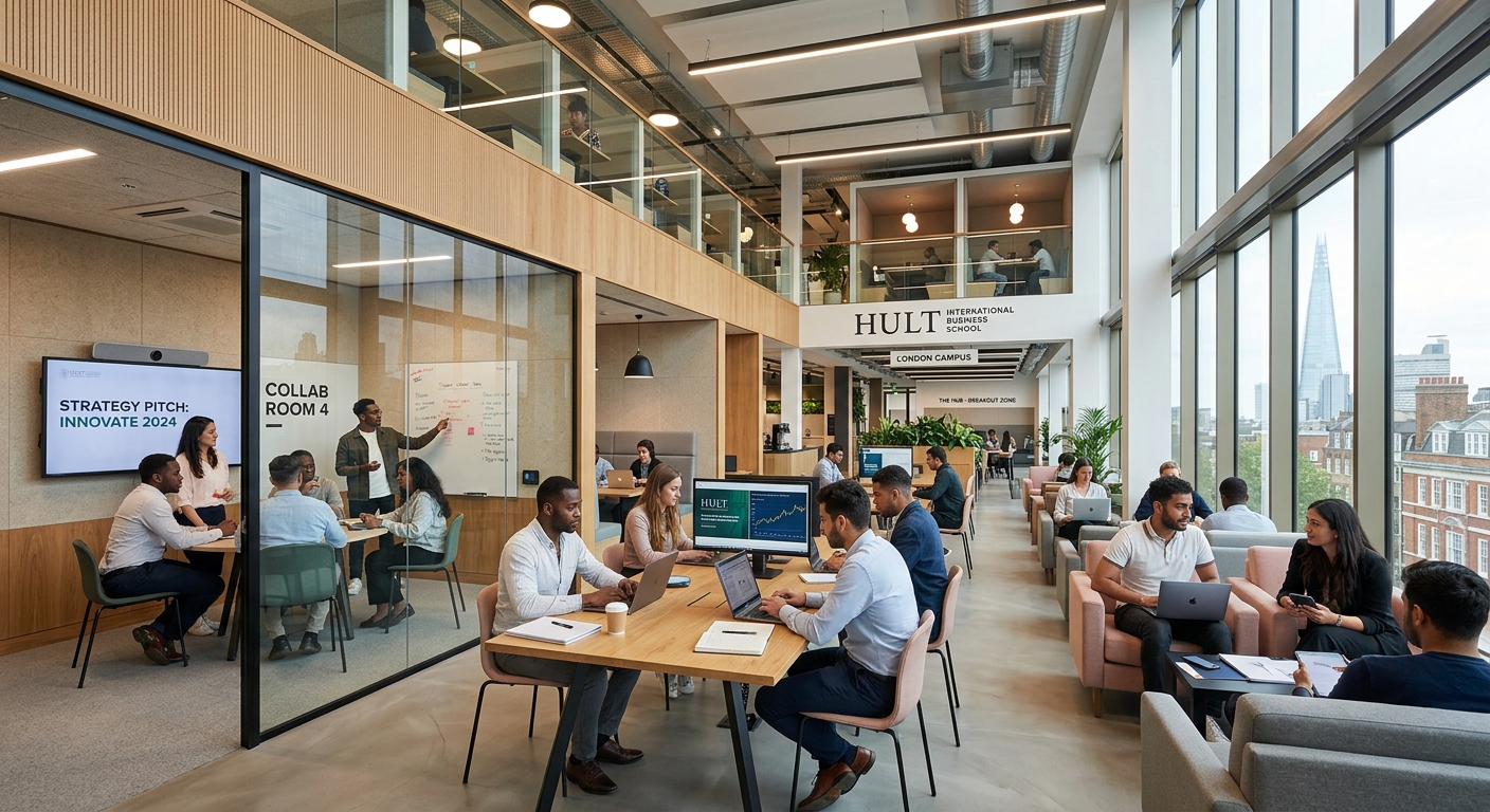 Hult London graduate campus interior, modern open-plan study areas with high-spec audiovisual equipment, students collaborating in breakout rooms, natural light streaming through floor-to-ceiling windows