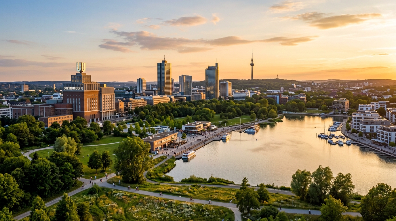 Dortmund cityscape panorama, Dortmunder U tower art center, modern skyline, Phoenix Lake waterfront, green parks, Rhine-Ruhr metropolitan area, golden hour lighting