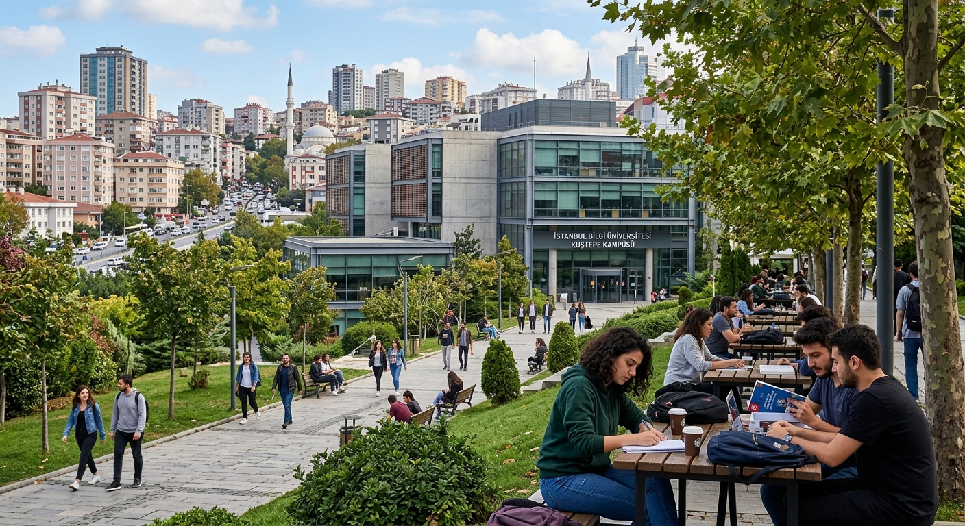 Kuştepe Campus of Istanbul Bilgi University in Şişli district, modern university buildings surrounded by urban Istanbul, tree-lined walkways, students studying outdoors