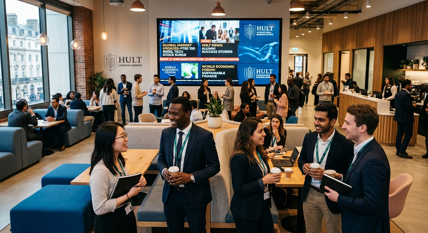 Hult London campus common area with diverse international students networking, contemporary furniture, digital screens displaying global business news, warm interior lighting