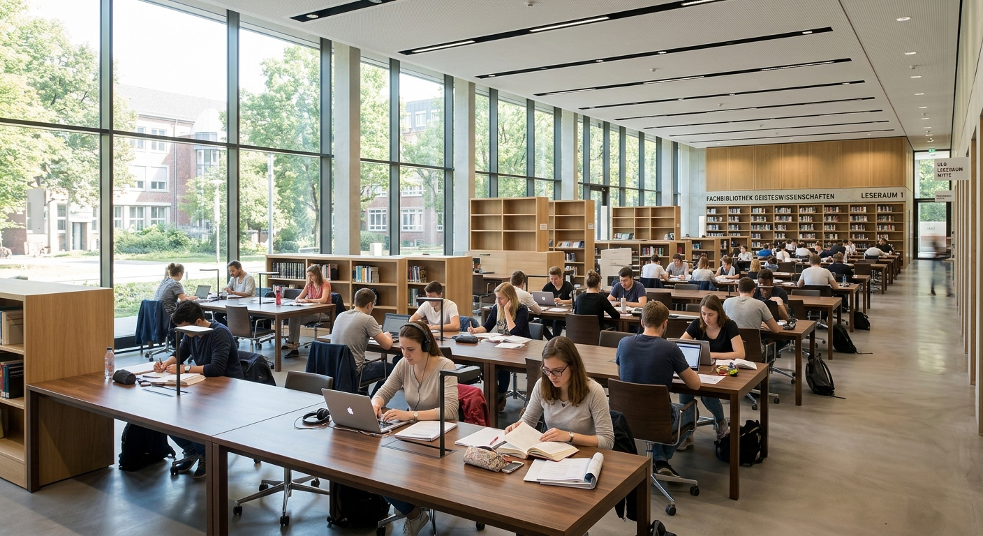 University and State Library ULB Düsseldorf interior, modern reading rooms with natural light, rows of study desks, students working quietly
