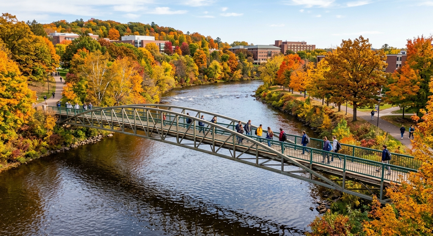 UW-Eau Claire Chippewa River footbridge connecting upper and lower campus, autumn foliage along riverbanks, students crossing the pedestrian bridge