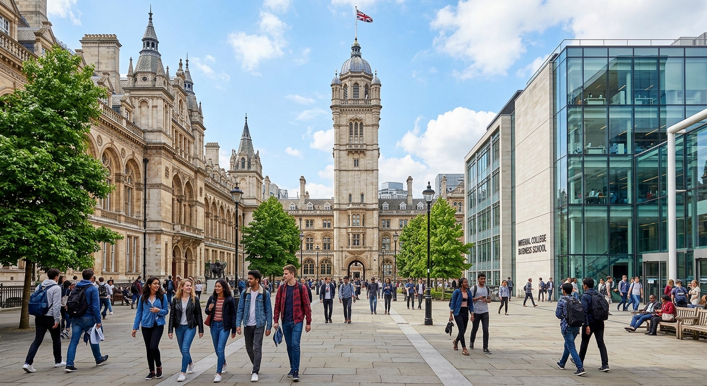 Imperial College London South Kensington campus, grand Victorian architecture with modern glass-fronted Business School building, students walking through the Queen's Tower courtyard on a bright London day