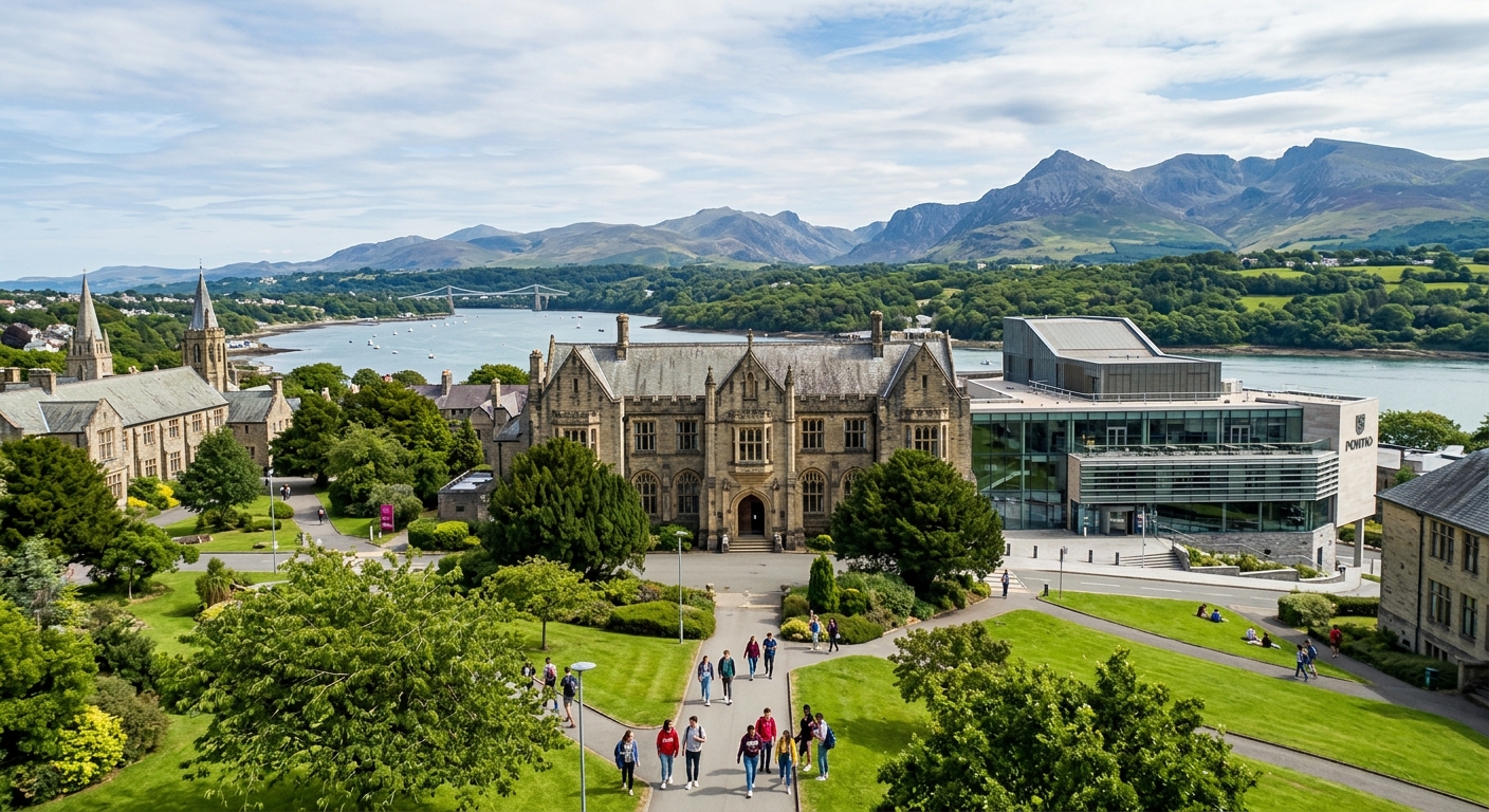 Bangor University campus with historic Pontio arts centre and Prichard Jones Hall, set against the backdrop of Snowdonia mountains and the Menai Strait coastline in North Wales, students walking through green grounds