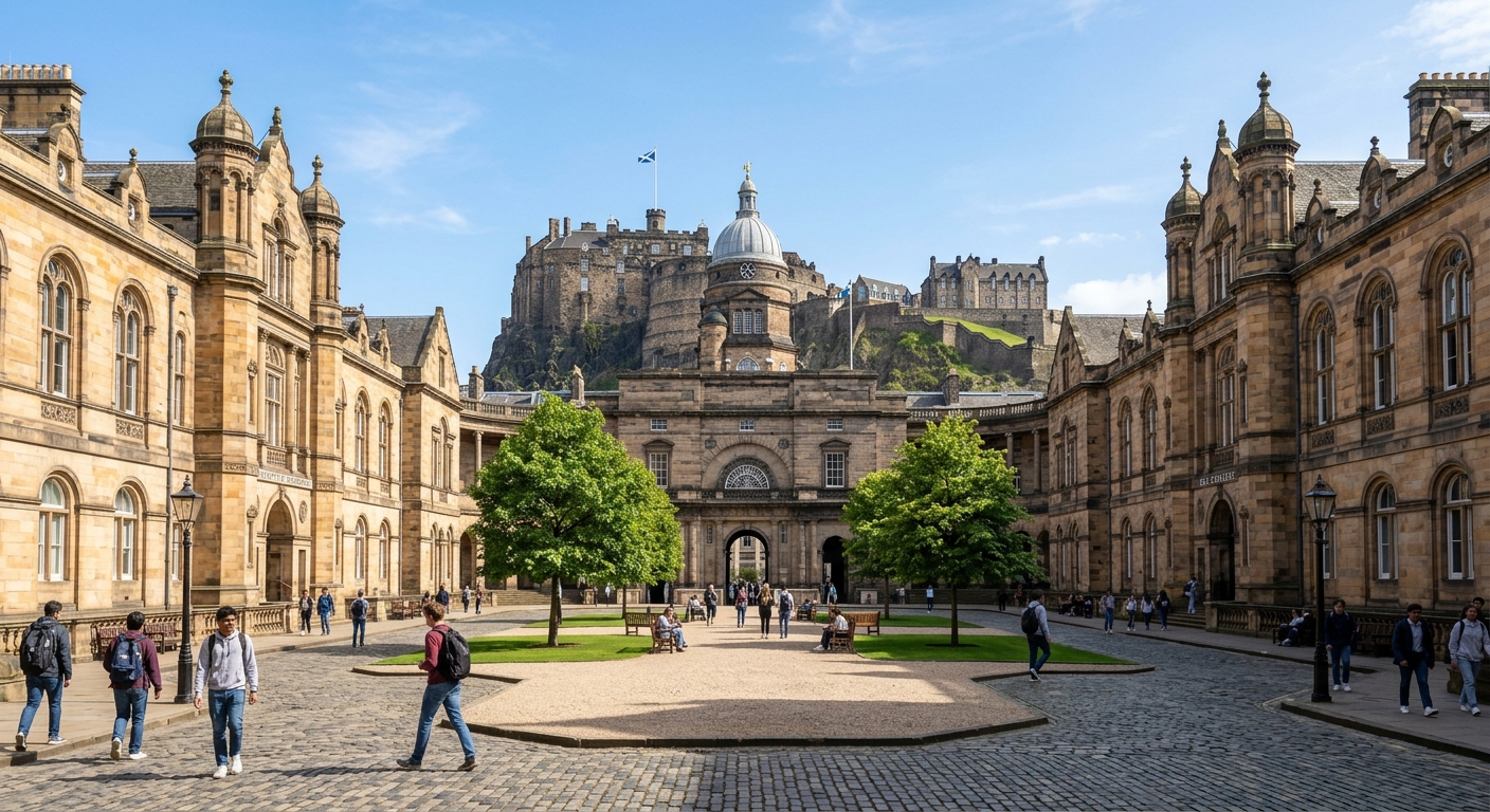 Historic University of Edinburgh campus with Old College quadrangle, sandstone buildings, and Edinburgh Castle visible in the background under a clear sky