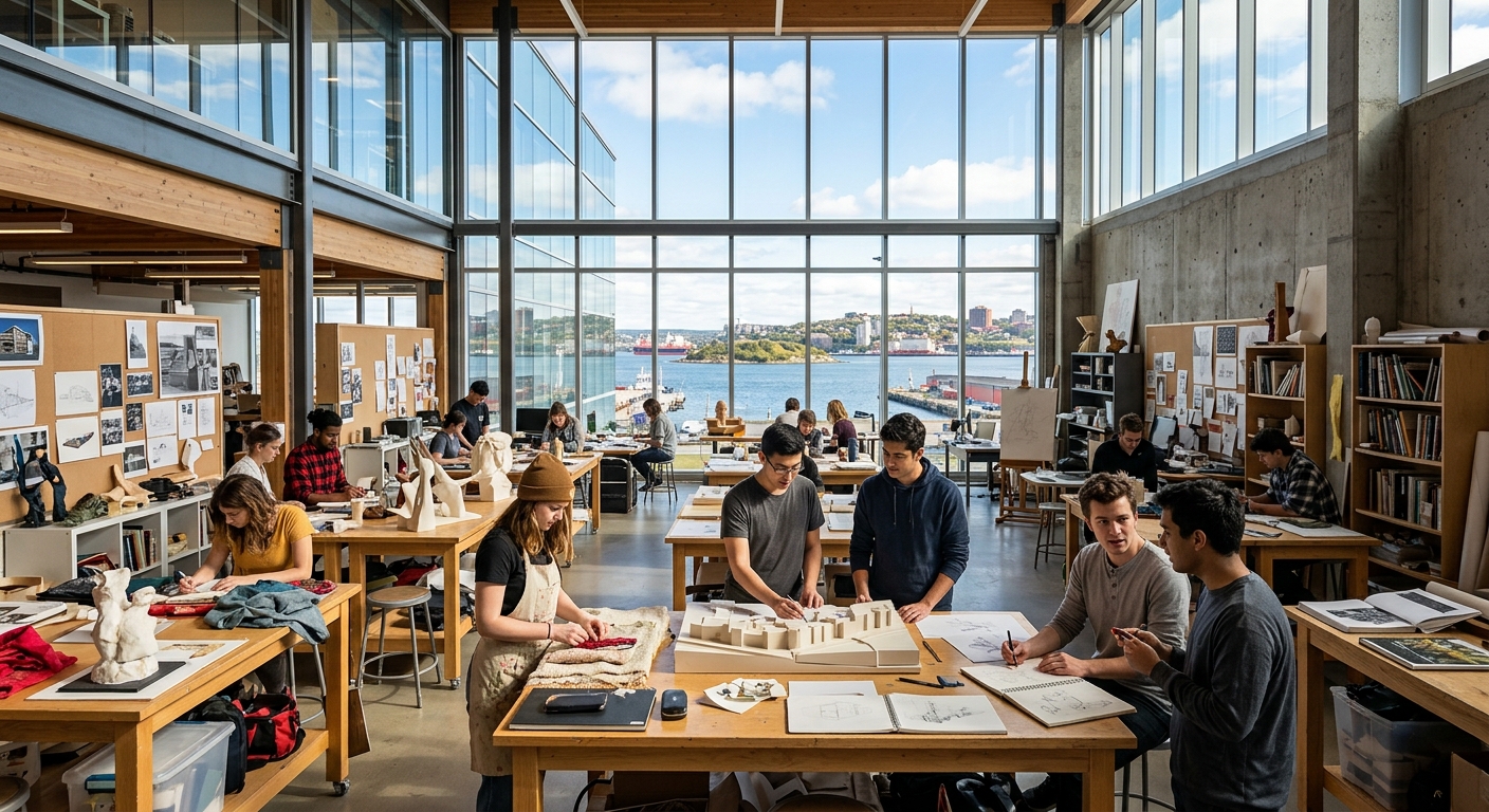 Modern art and design university campus in Halifax, Nova Scotia, with students working in an open studio space surrounded by design materials, large windows letting in natural light, contemporary architecture