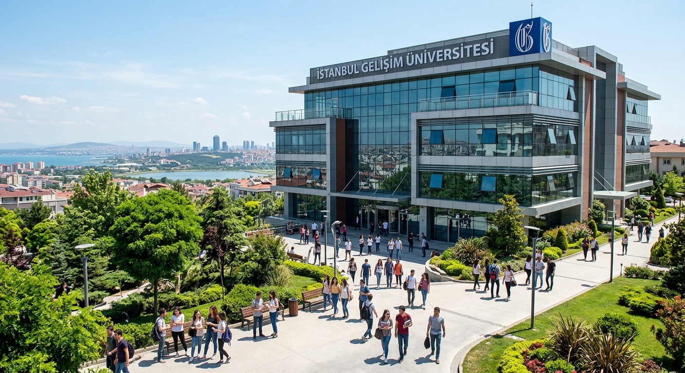Modern Istanbul Gelisim University campus building in Avcilar district with students walking on pathways, green landscaping, contemporary glass facade architecture, Istanbul skyline in background with clear blue sky