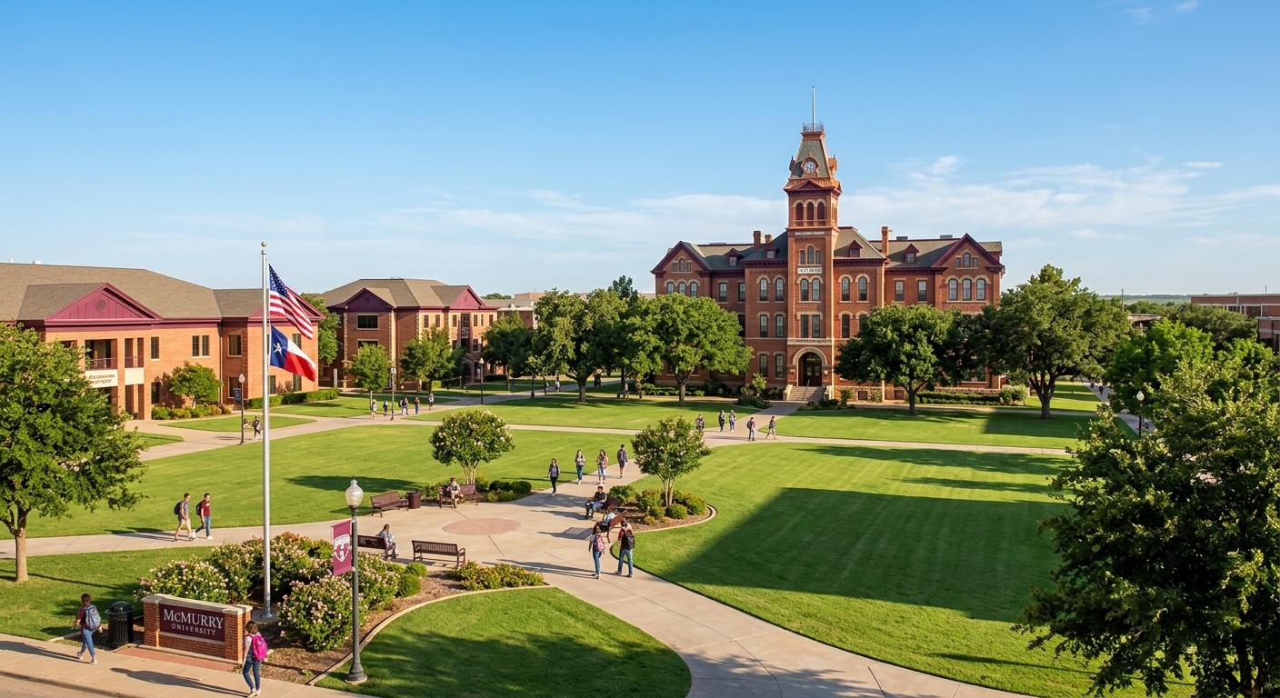 McMurry University campus wide shot in Abilene Texas, red brick buildings with maroon accents, manicured green lawns, Old Main administration building visible, clear blue West Texas sky, warm afternoon light