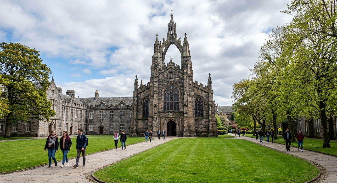 Historic granite campus of the University of Aberdeen with the iconic King's College Chapel crown tower, green lawns, and students walking along tree-lined paths under a Scottish sky