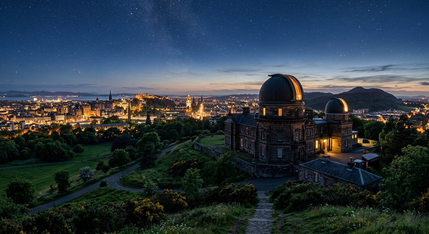 Historic Royal Observatory Edinburgh on Blackford Hill with domed telescope buildings, lush green surroundings, and a panoramic view of Edinburgh's skyline under a starry twilight sky
