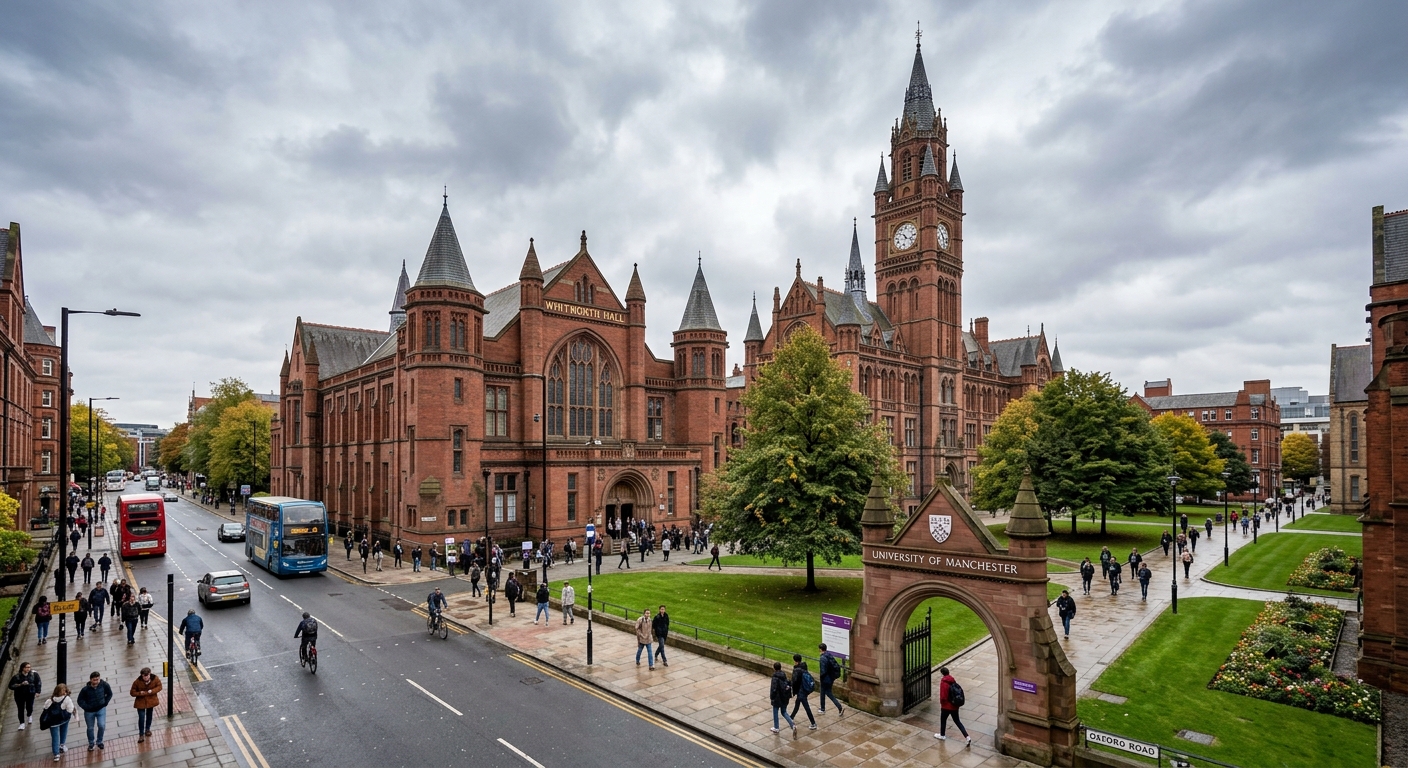 University of Manchester campus wide shot showing the iconic Gothic revival buildings along Oxford Road, with the John Owens Building and Whitworth Hall visible, red brick architecture, green lawns, students walking, overcast English sky
