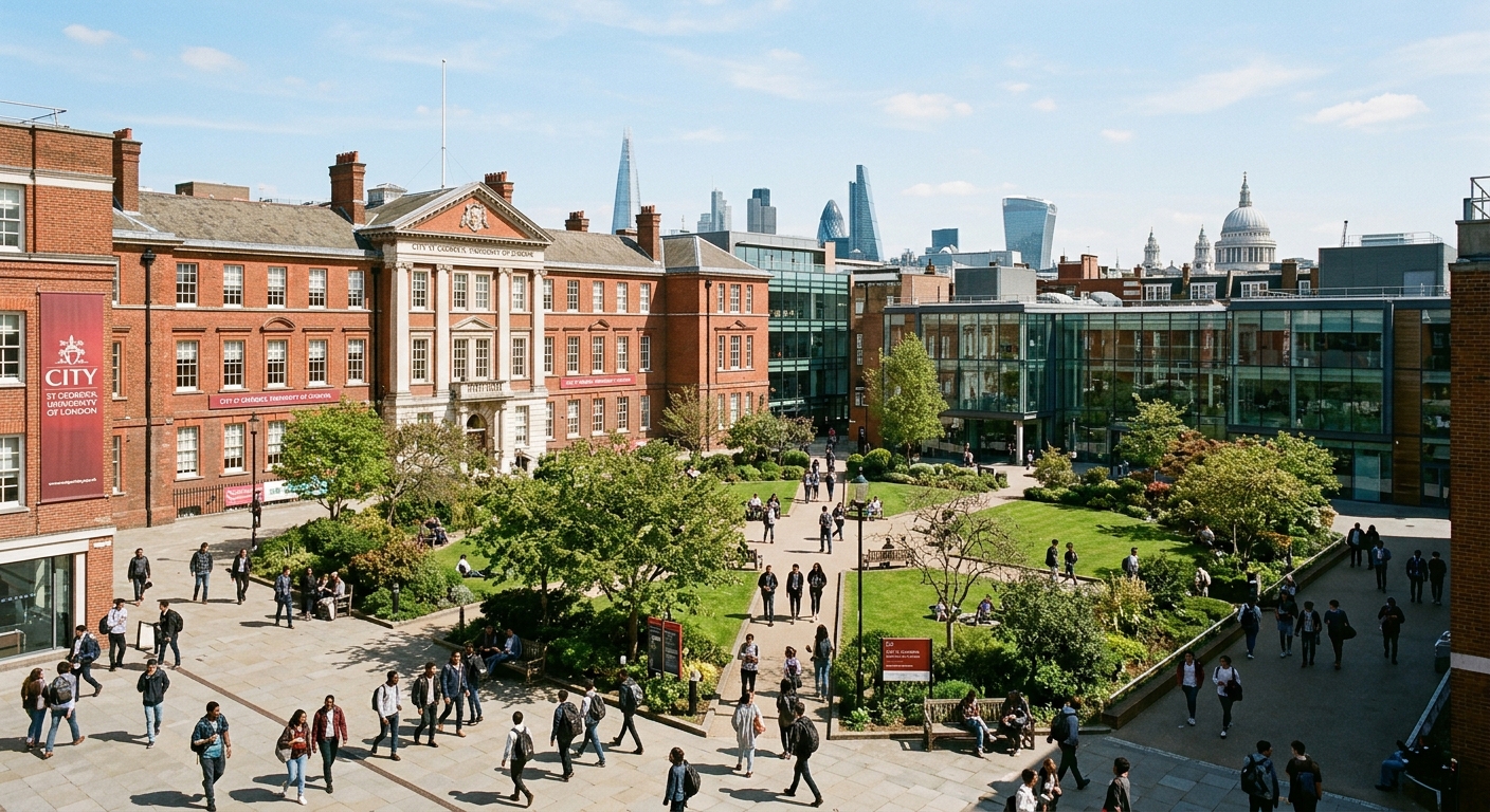City St George's University of London Clerkenwell campus wide shot, Northampton Square with historic red-brick buildings and modern university structures, students walking across the courtyard, London skyline in background, clear day lighting