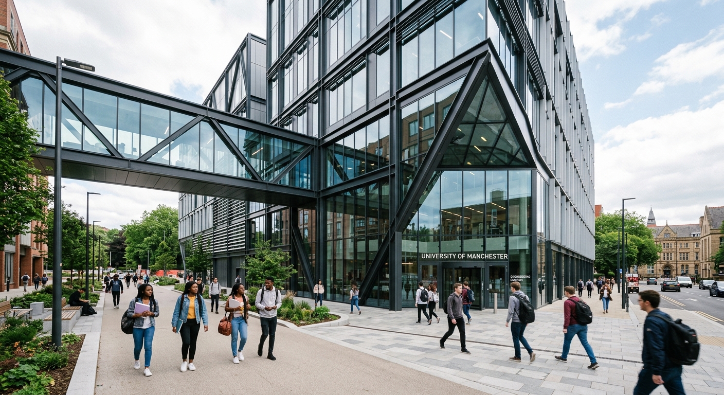 University of Manchester Engineering Campus MECD building, modern glass and steel architecture, students walking outside, contemporary university design