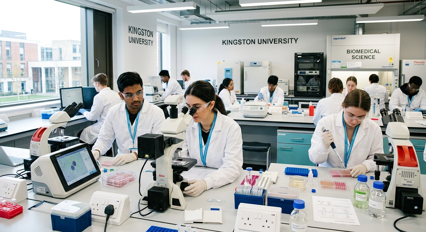 Modern biomedical science laboratory at Kingston University Penrhyn Road campus, students in white lab coats using microscopes and advanced diagnostic equipment, bright overhead lighting with specimen slides and petri dishes on benches