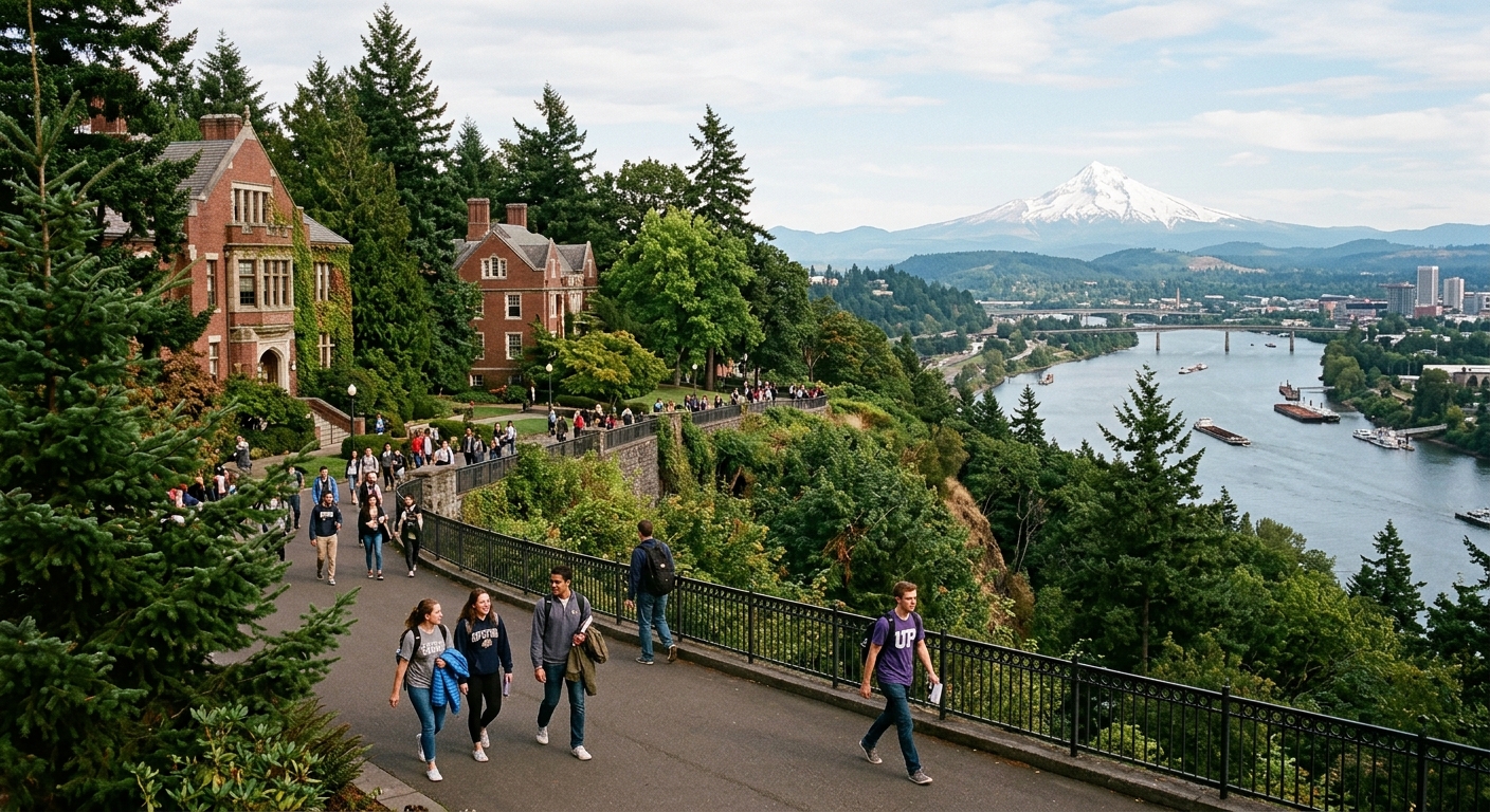 University of Portland campus bluff overlooking the Willamette River, historic brick buildings surrounded by evergreen trees, Pacific Northwest setting with Mount St. Helens in the background, students walking along tree-lined paths