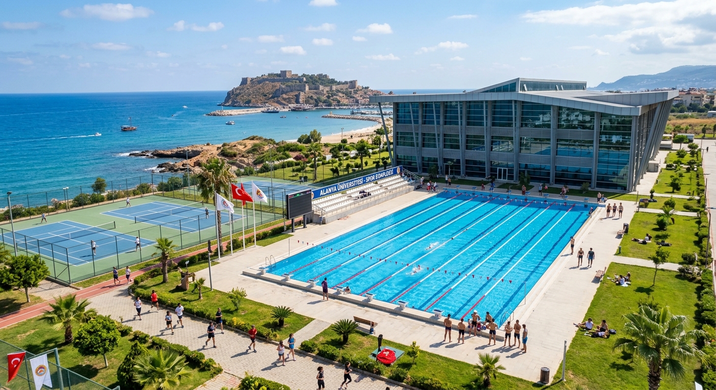 Olympic-sized swimming pool at Alanya University sports complex, modern gymnasium building, tennis courts visible, students exercising outdoors, coastal setting