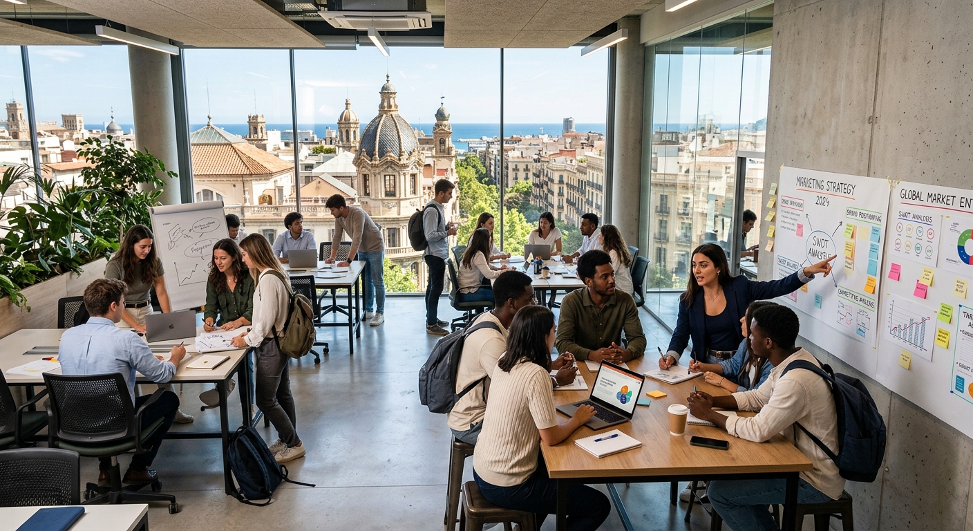 Modern business school campus in Barcelona, Spain with students collaborating in a bright open-plan study space, Mediterranean architecture visible through large windows, marketing strategy boards on walls