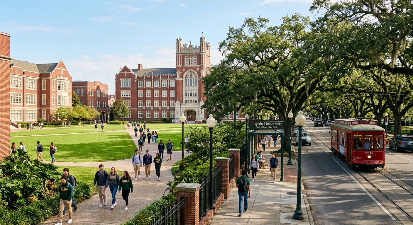 Loyola University New Orleans historic campus with oak tree-lined St. Charles Avenue, red brick Tudor-Gothic buildings, green lawns, and students walking along pathways in a sunny New Orleans setting
