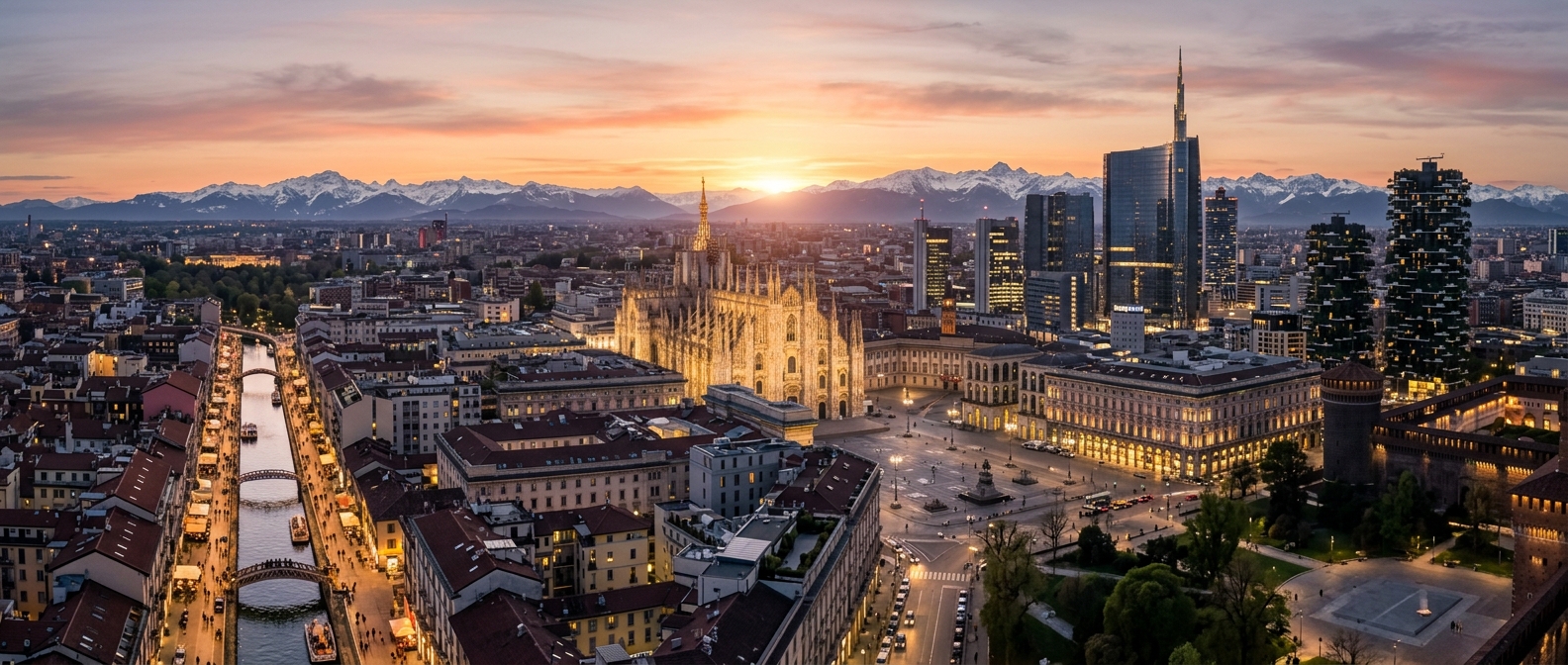 Panoramic view of Milan skyline at sunset featuring the Duomo di Milano cathedral, modern skyscrapers of the Porta Nuova district, and the Navigli canal district, with the Alps visible in the far background