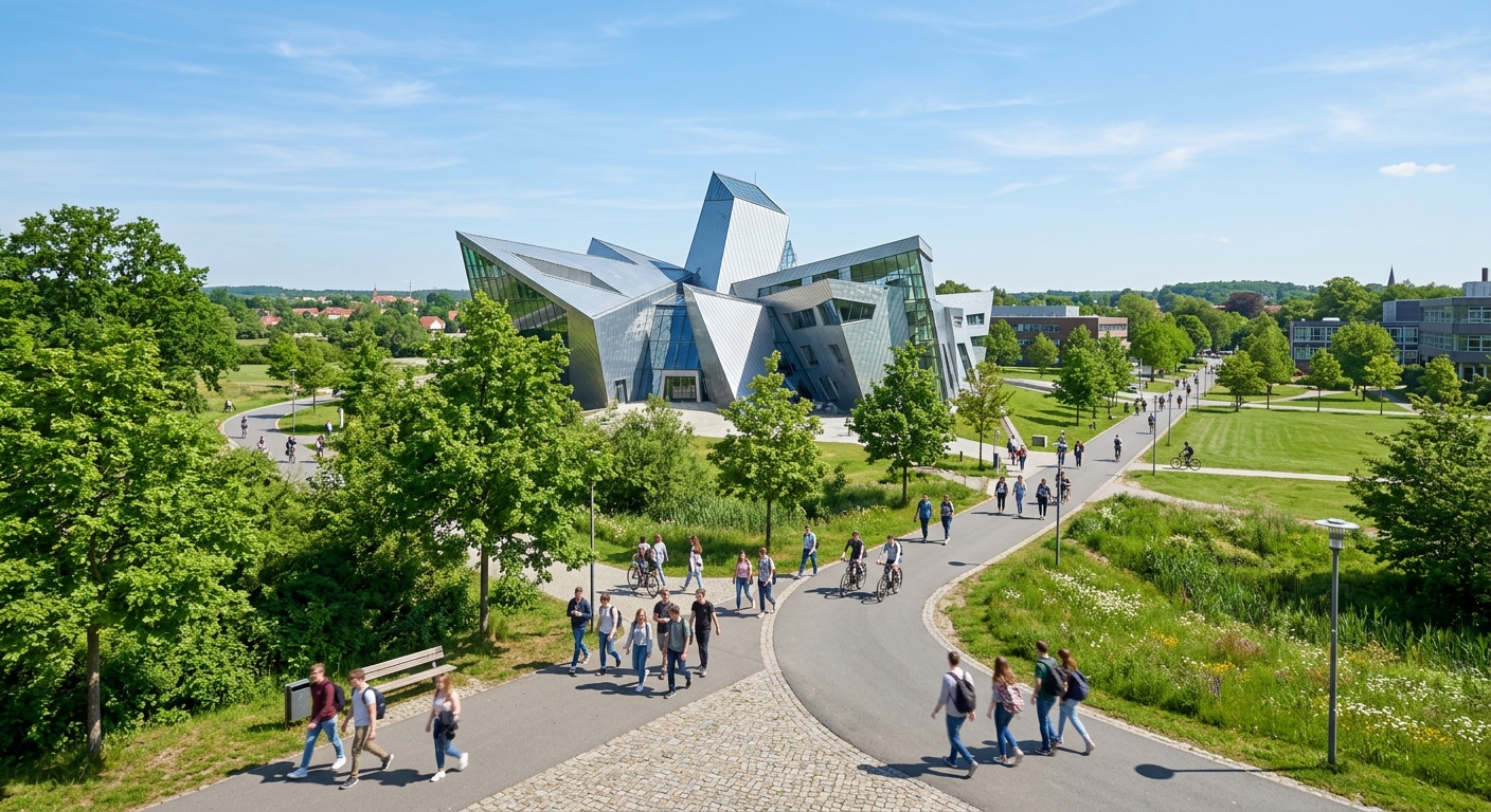 Modern Leuphana University Lüneburg central building with its distinctive architectural design, green campus grounds, students walking along tree-lined paths, bright daylight with clear blue sky over Lower Saxony Germany