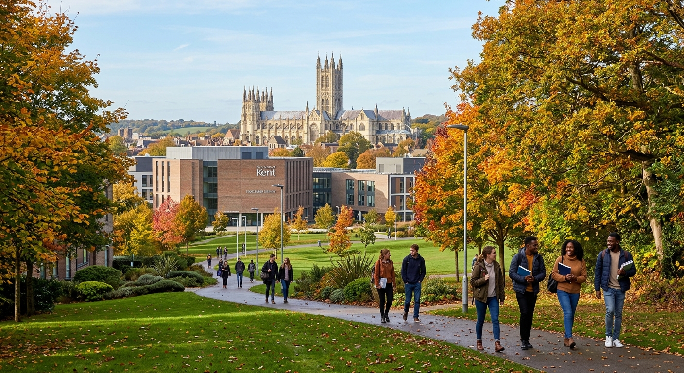 University of Kent Canterbury campus with historic cathedral visible in background, green parkland setting, modern university buildings, students walking along tree-lined pathways, bright autumn day