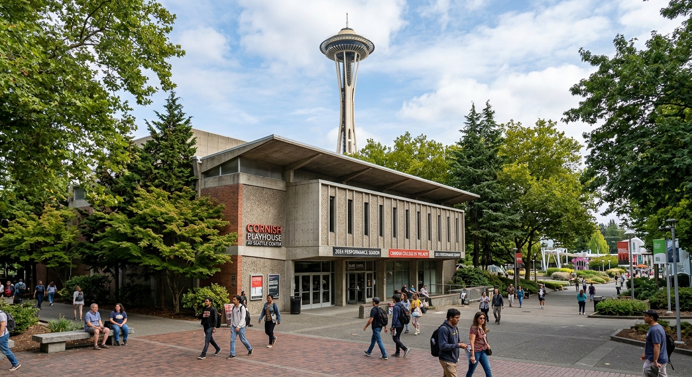 Cornish Playhouse at Seattle Center, large theater venue, modernist architecture, surrounded by trees and public spaces near the Space Needle