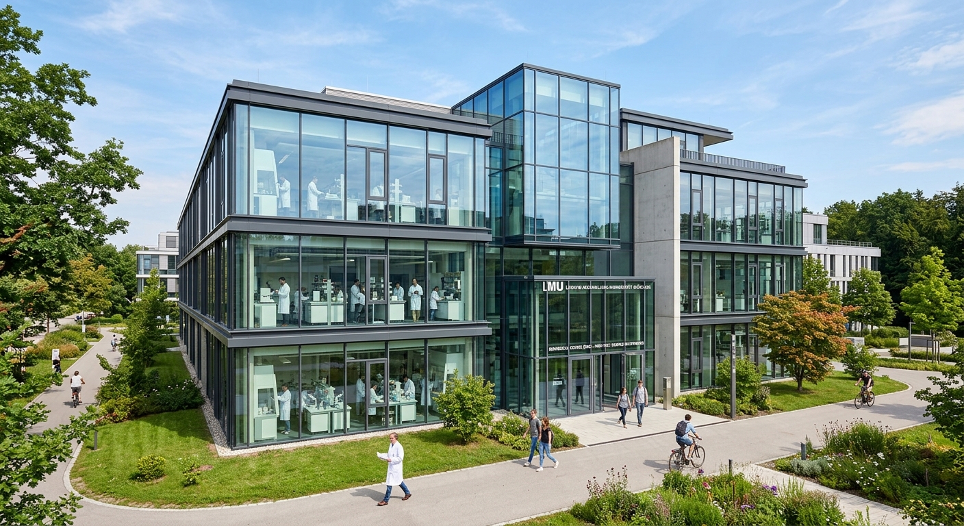Modern research laboratory building at LMU Martinsried HighTechCampus, glass and steel architecture surrounded by green landscaping, scientists visible through windows
