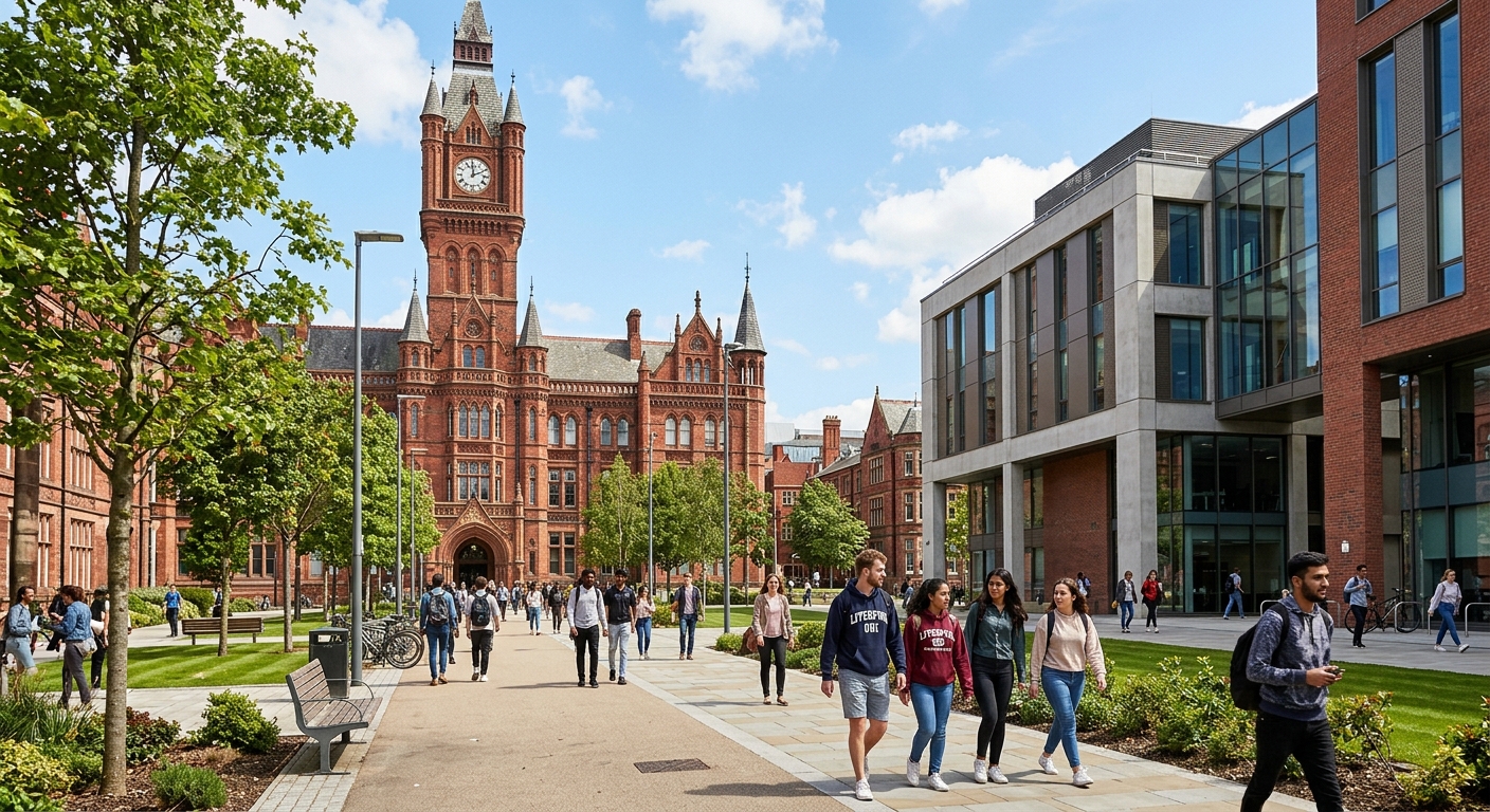 University of Liverpool redbrick campus building with Victoria Gallery and Museum in background, students walking through tree-lined paths on a sunny day, historic architecture blending with modern science facilities
