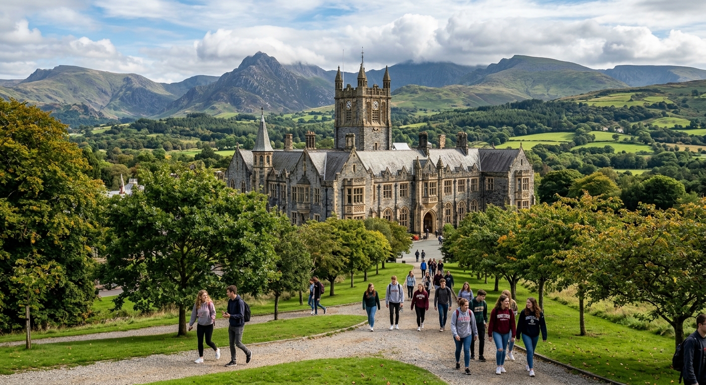 Historic Main Arts building of Bangor University with Gothic architecture, set against the backdrop of Snowdonia mountains and lush green Welsh landscape, students walking along tree-lined paths