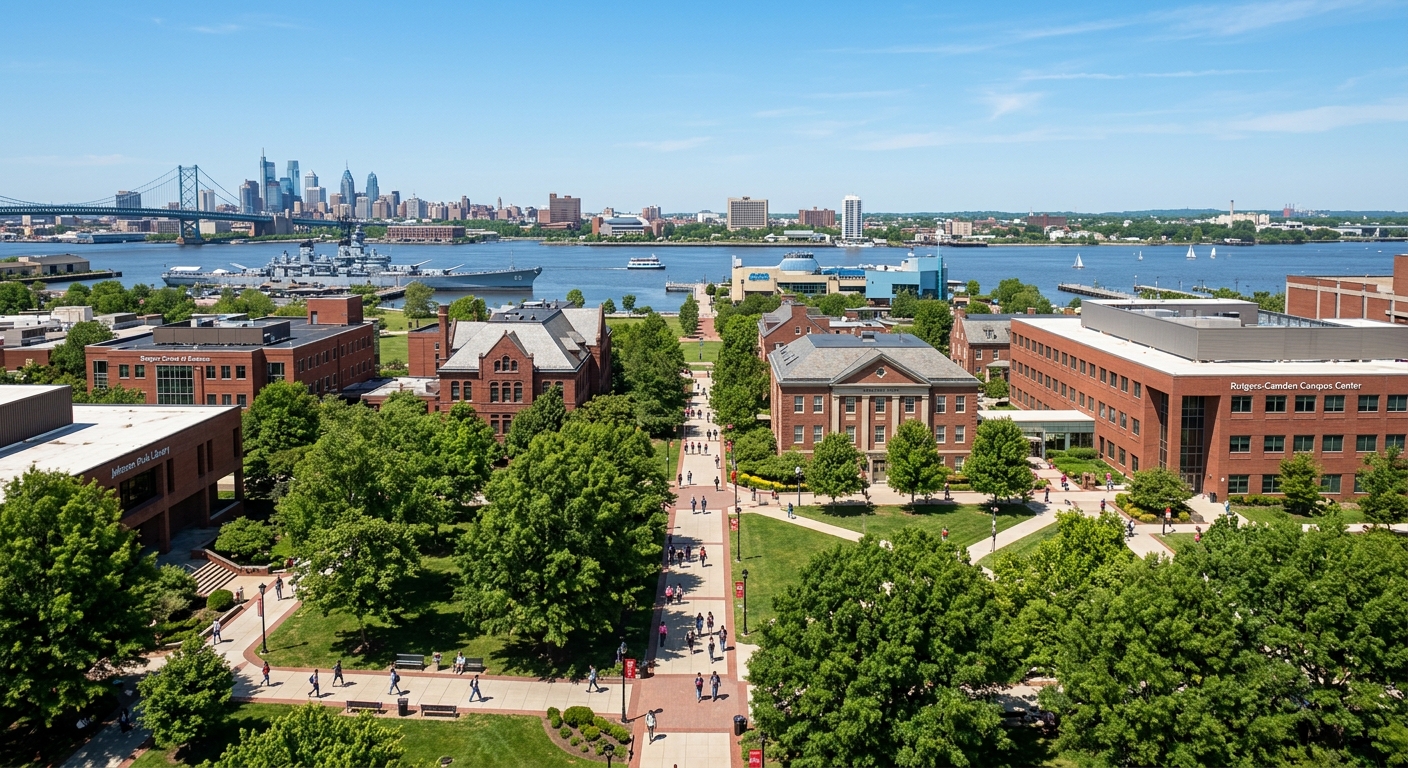 Rutgers University Camden campus wide shot showing red brick academic buildings along tree-lined walkways, with the Camden Waterfront and Delaware River visible in the background, clear blue sky