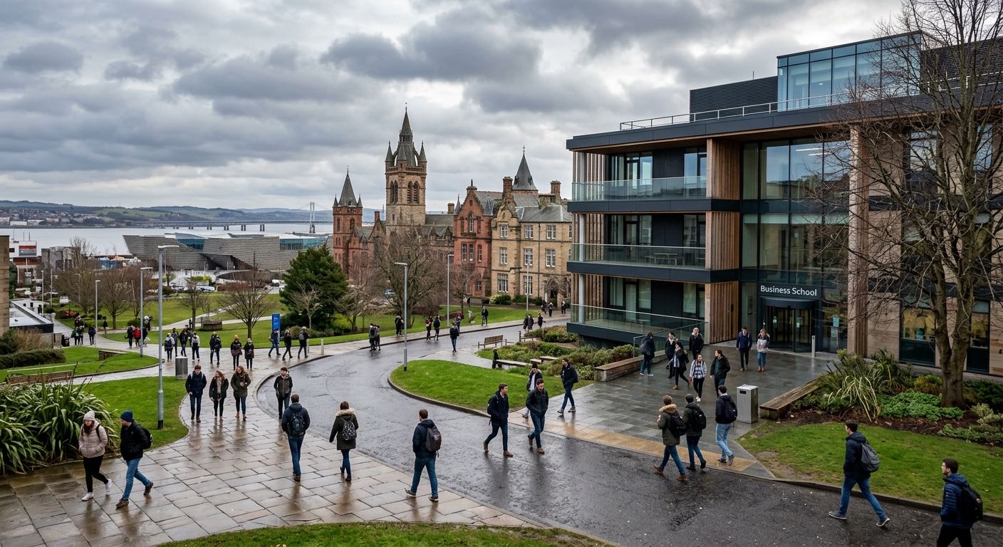 University of Dundee campus with modern School of Business building, students walking along pathways, historic Scottish architecture in the background, Dundee waterfront visible in the distance, overcast sky typical of Scotland