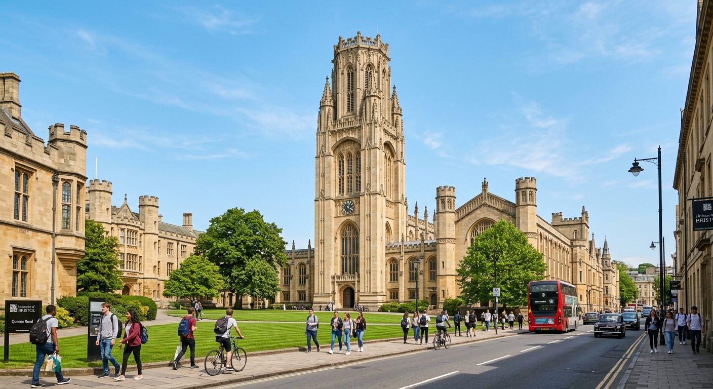 University of Bristol Wills Memorial Building towering Gothic Revival tower against blue sky, with surrounding historic university precinct buildings, green lawns, and students walking along Queens Road in Bristol England