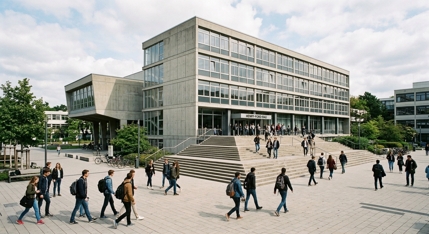 Henry Ford Building at Free University of Berlin, a mid-century modern academic building with wide steps and open plaza, students walking in the foreground