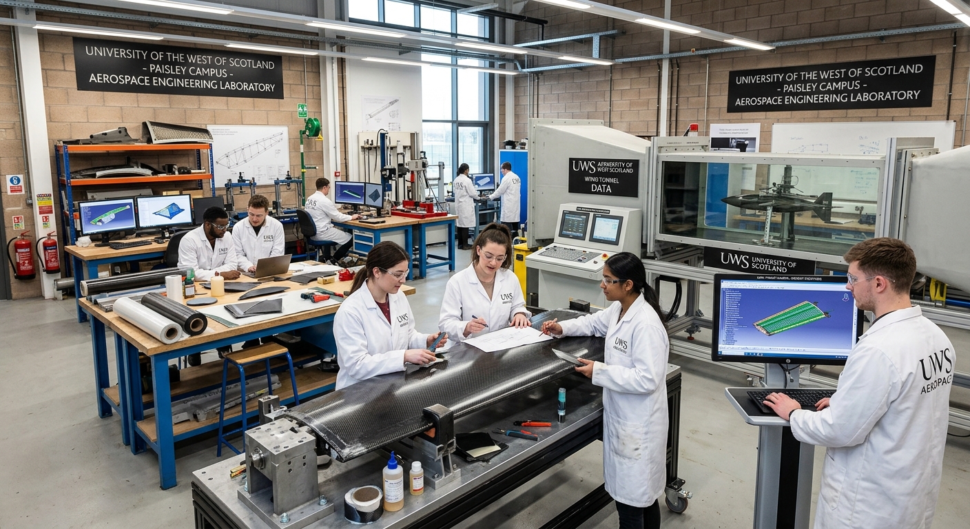 Modern aerospace engineering laboratory at University of the West of Scotland Paisley Campus, students working on aircraft structural components and composite materials, wind tunnel testing equipment visible, bright workshop lighting with engineering tools and CAD workstations
