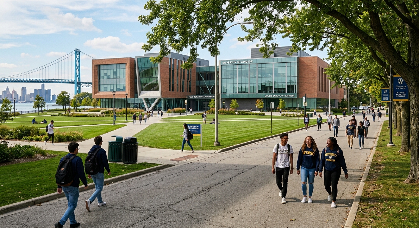 University of Windsor campus with modern academic buildings, green lawns, and students walking along tree-lined pathways in Windsor, Ontario, Canada