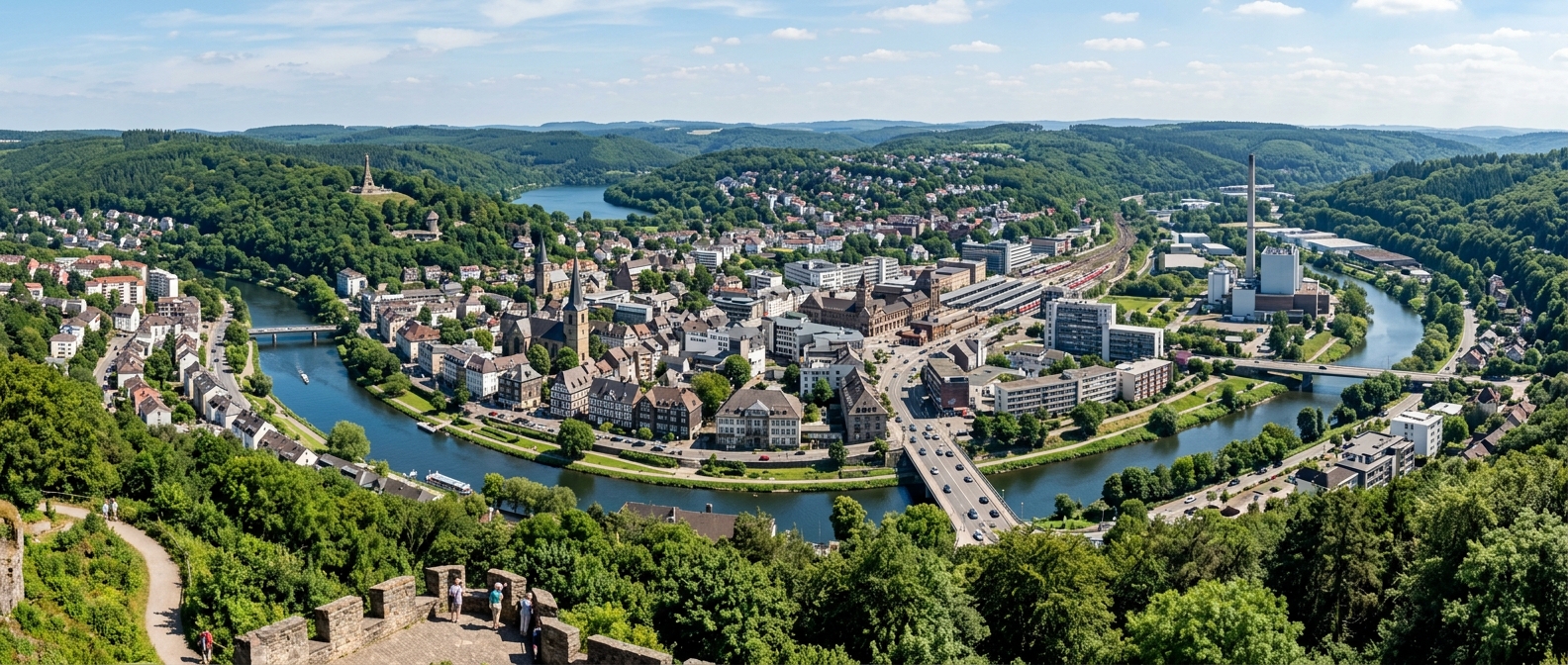Panoramic view of Hagen city Germany, green hills, Ruhr River flowing through the city, mix of modern and historic architecture, forested areas surrounding urban center